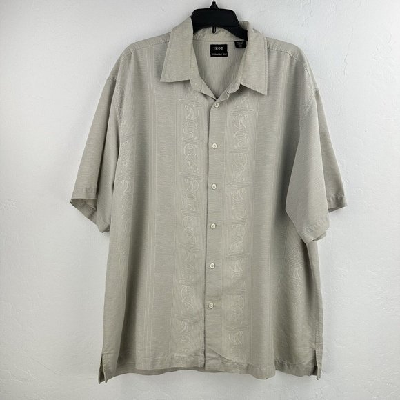 IZOD Silk Shirt Men’s XXL Short Sleeve Button Up Beige‎ Camp Washable - Picture 1 of 9